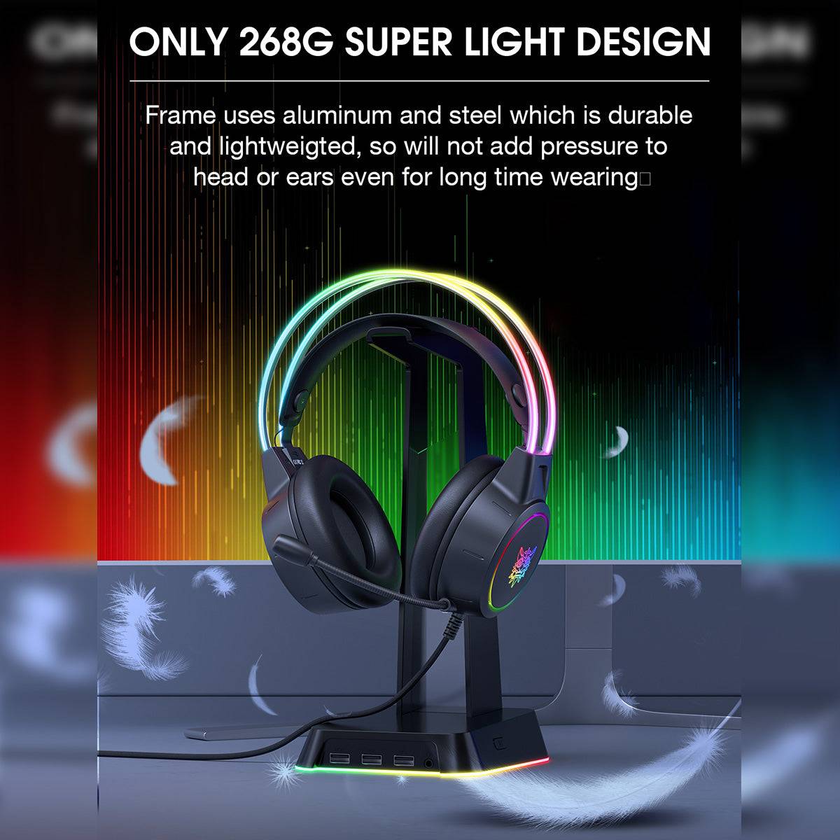 ONIKUMA X15 Pro RGB Gaming Headset with ultra-lightweight 268g aluminum and steel frame, designed for long gaming sessions without discomfort.